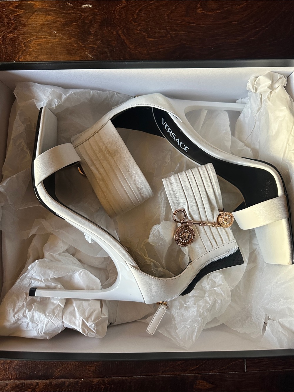 Versace White Leather High Heel Sandals with Gold Medusa Charms